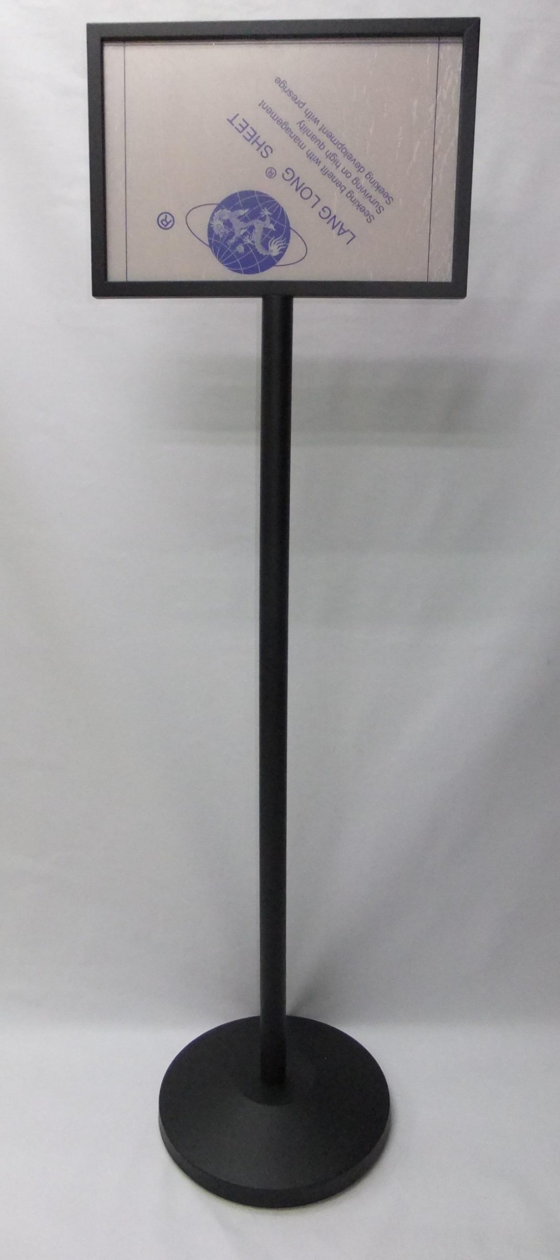 Black epoxy sign stand with A3 horizontal frame and 2 pcs of clear perspex